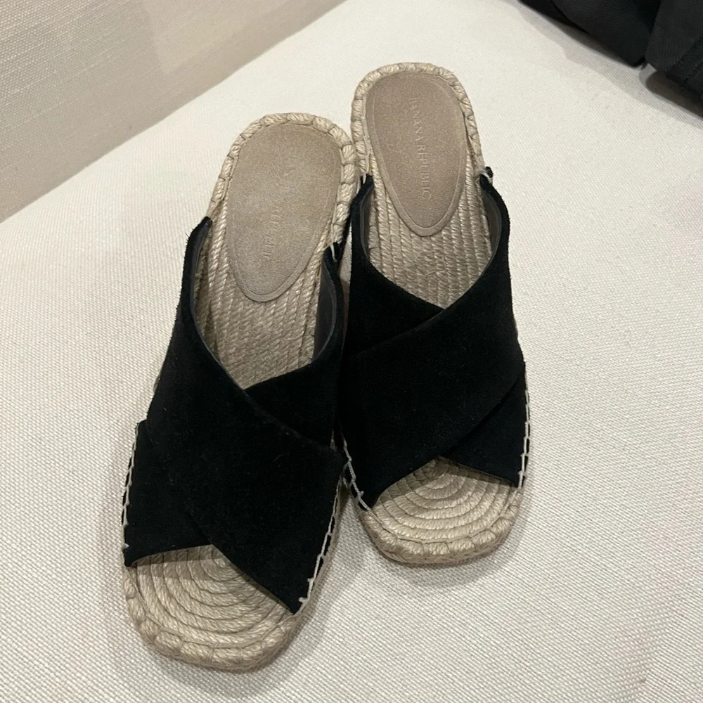 Banana Republic Espadrille, Suede Black Wedge, size 6 but fits more like a 5.5